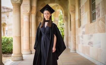 Sarah Copley in the cloisters of UQ's Great Court